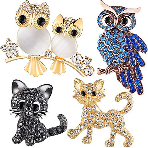 Set de 4 Pièces Pin Broche d’Animal en Strass Broche de Hibou en Strass Épingles Broches de Chat en Cristal pour Cadeau d'Anniversaire de Femmes Filles Fournitures de Fête de Mariage Noël