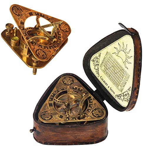 Antiker Steampunk-Dreieck-Sonnenuhr-Messing-Kompass - Top Grade Clear Vision Handgefertigter Messing-Kompass in Lederbox Geburtstagsgeschenk, Taufgeschenk, Hochzeitsgeschenk,