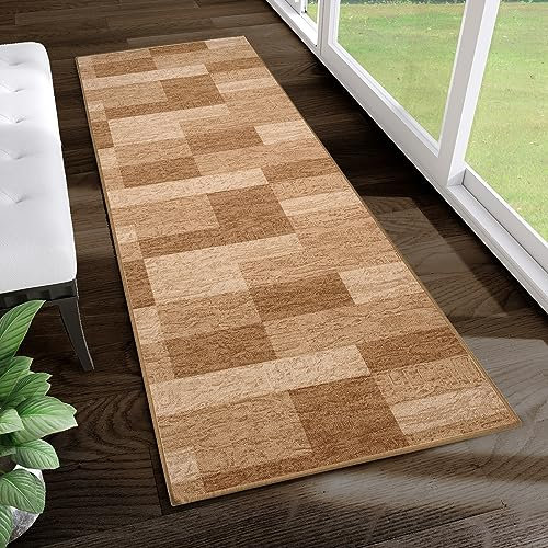 TAPISO Anti Rutsch Teppich Läufer rutschfest Brücke Meterware Modern Braun Beige Gelb Vierecke Geometrisch Design Flur Küche Wohnzimmer Diele 100 x 340 cm
