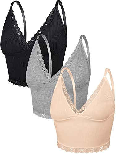 3 Pièces Camisole en Tricot Côtelé pour Femme Débardeur Court à Bretelles Spaghetti (Noir, Gris, Couleur Nude, L)