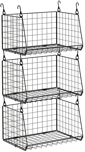 3-Pack Hanging Laundry Room Organizaton：Foldable Laundry Basket Wire Basket with 360°Rotating Hooks Small Space Organization Over Washer and Dryer Shelves - Hanging Closet Organizer, Black Patent