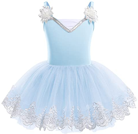 Ballet Leotard For Girls Camisole Tutu Skirts Shiny Sequin Flower Embroidery Dance Dress Gymnastics Bodysuit Leotards Classic Basic Class Training Outfit Ballerina Blue 9-10 Years