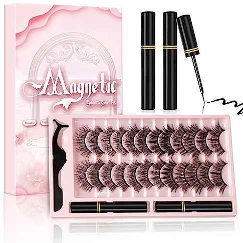 Magnetic Eyelashes Kit - Magnetic Lashes Natural Look From Natural to Gorgeous Styles, Reusable 3D Mink False Eyelashes with Magnetic Eyeliner and Tweezers Easy to Apply, No Glue Needed (12 Pairs)