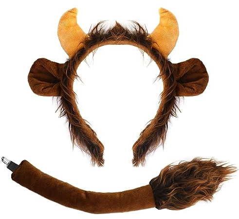 XEPST Djurhorn kostym set – oxdjur ko öron och svans set med oxhorn pannband för djurkostym cosplay födelsedagsfest tillbehör halloween festtillbehör