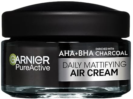Garnier Pure Active AHA+BHA Charcoal Daily Mattifying Air Face Cream, 3 in 1 action, Hydrates + Controls Oil + Visibly Reduces Blemishes. Suitable for Sensitive Skin, Cruelty Free, Vegan, 50ml