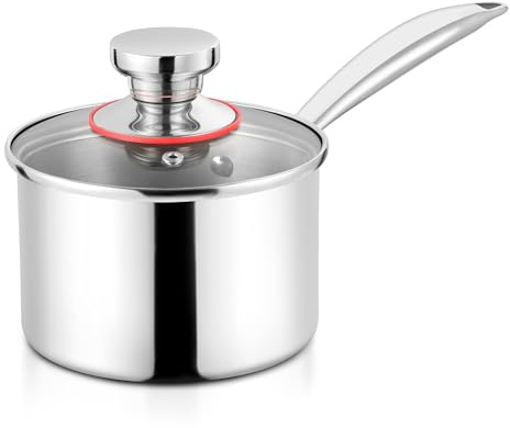 Herogo Stainless Steel Saucepan 18cm, 2.4L Sauce Pan with Glass Lid, Triple-Layer Milk Pan, Ergonomic Handle, Induction Cooking, Easy to Clean