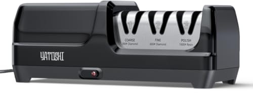 Yatoshi Electric Sharpener, 50-Watt, Diamond Abrasives and Precision Angle Guides, 20-Degree Straight-Edge and Serrated Knives, 3 Stage