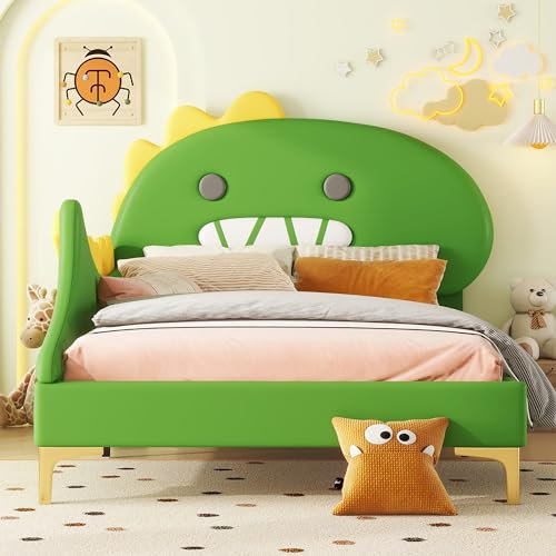 FEZTOY Bett 90x200 mit Lattenrost Kinder Mädchen Einzelbett, Kinderbett, Dinosaurierform, Bettgestell, Jugendbett, Bett für Jungen und Mädchen, PU, ohne Matratze