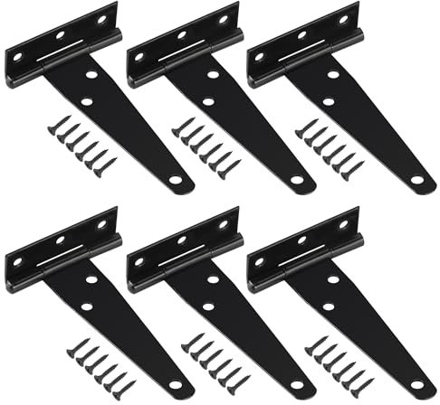 Lot de 6 Charnières en T avec Vis de Montage, Robuste Charnière de Portes pour Portes de Grange Portail en Bois et Fenêtre, Noir