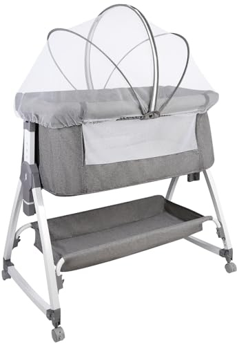 HUOLE 3-i-1 spjälsäng upp till 30 kg, sängsäng, gungbarnsäng, madrass höjdjustering och lutning, 4 hjul med broms, ergonomisk madrass, väska-80 x 40 x 100–115 cm