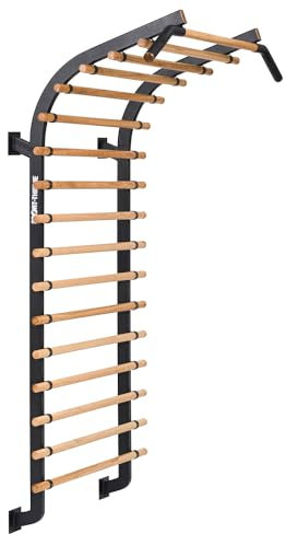 Sport-Thieme Sprossenwand X | Mit integrierter Klimmzugstange, Gebogene Wangen für mehr Übungen | Einzelfeld | Holz-Natur Schwarz | Esche Stahl | 17 Sprossen | 132x219 cm | 120 kg