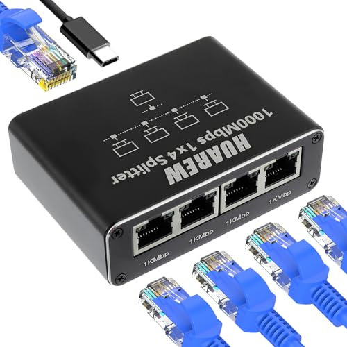 HUAREW Switch Ethernet 1 à 4, Switch RJ45 Splitter, 4 Ports 1000Mbps Commutateur Ethernet avec Cordon d'alimentation USB C pour Ordinateur, Hub, Routeur, Décodeur, Télévision Numérique