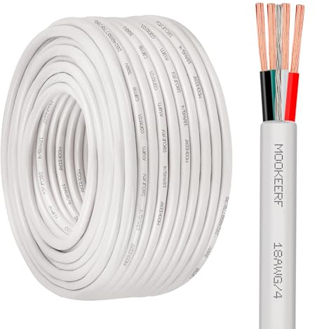 MOOKEERF 18/4 Alarm Wire Shielded Wire 100FT 18 AWG 4 Conductor Stranded Shielded Plenum Cable White CL3P Jacket for Security/Alarm/Access Control/Sound-18AWG 4 Conductors Wire