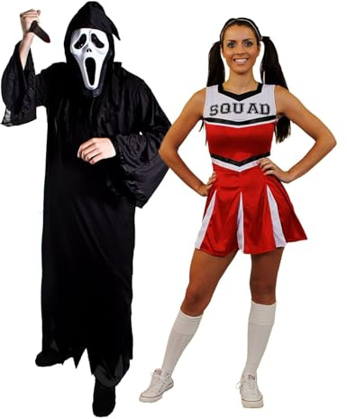 Adults Screamer Couples Costume - Large Black Robe, Screamer Mask, Fake Knife & Small Red Cheerleader Dress - Adults Mens Womens Halloween Trick or Treat Fancy Dress Costume