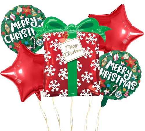 3D 5PCS Christmas Foil Balloon Set,Gift Box, Star & & MERRY CHRISTMAS for Holiday Party Supplies Decor