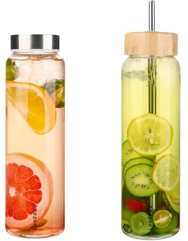 LOOFORE Borraccia Vetro 1 Litro con Cannuccia, Borraccia in Vetro Borosilicato con 2 Coperchi (Coperchio in Bambù e Acciaio Inossidabile), senza BPA, Prova di Perdite per Campeggio
