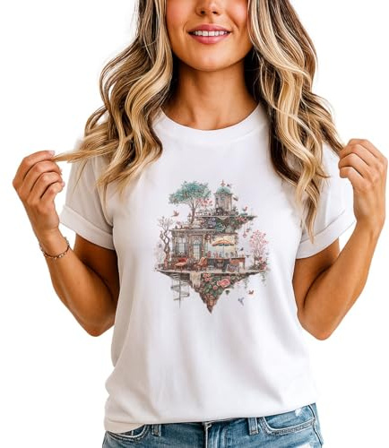 Floating Island Fantasy Womens Graphic T-Shirt Whimsical Garden Cottage Core Tee M (12-14) White