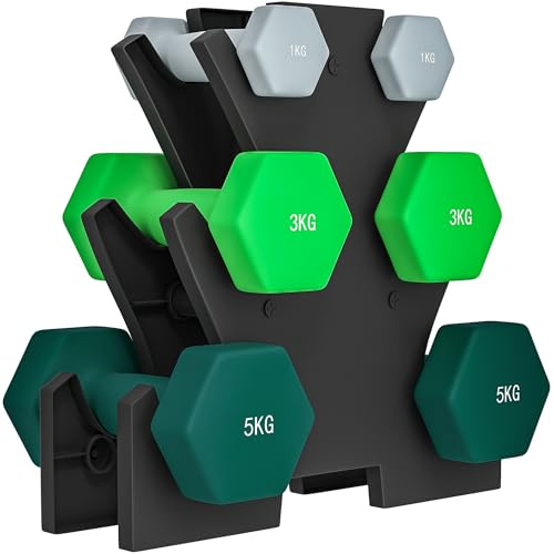 SPORTNOW Set di Manubri da Palestra con Supporto, 2x1 kg, 2x3 kg, 2x5 kg, Manubri per Palestra Esagonali in Metallo con Impugnatura, Allenamento Fitness Casa, Multicolore