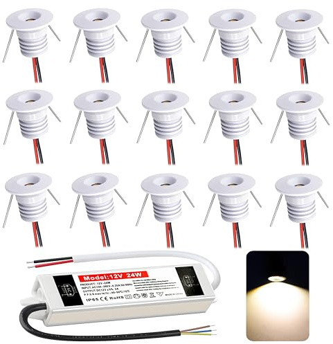 DYKUWEY 12 V 1 W infälld LED-spotlight, mini LED-spotlight IP65 varmvit, badrumspunkt hål Φ15-18 mm, takspotlight för kök, vardagsrum, karport, trappor, hall, set med 15 (vit, varmvit 3 000 K)