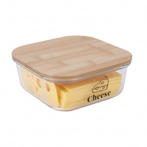 Punorric Cheese Storage for Fridge - Airtight Storage Box, 1.2L Glass Cheese Container with Bamboo Lid, Stackable Fridge Containers, Transparent Glass Jar for food storage containers with Bamboo lid