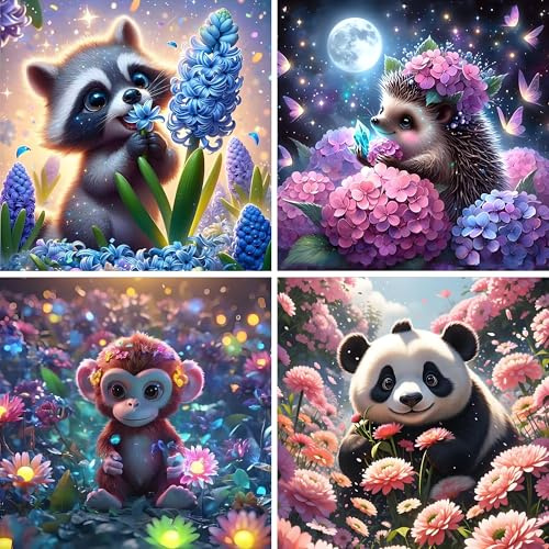 ECBEITF 4 Pezzi Diamond Painting Animali Bambini 15x15 CM, 5D DIY Pittura Diamante Animali Kit Completo, Diamond Arte Painting Decorazione per Casa, Parete, Scrivanie