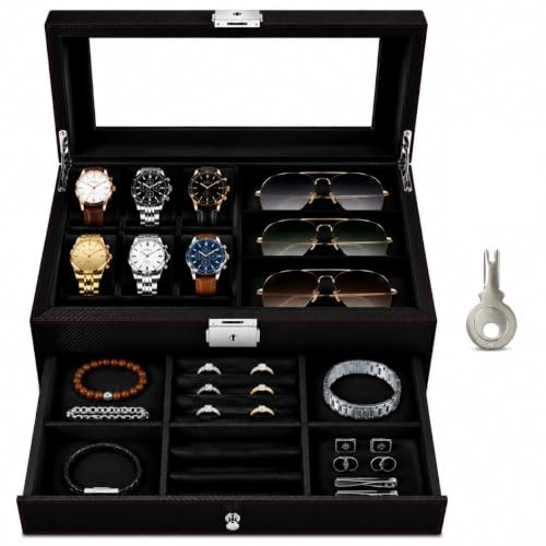 Watch Box with Jewellery Drawer, Lockable, 6 Watch Slots, Black | Scratch-resistant, Dust-proof, Compartmentalized, Storage and Display Functions