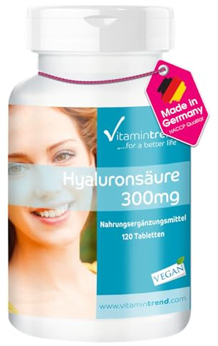 Vitamintrend Acide hyaluronique 300 mg, 120 comprimés, hautement dosé, complément alimentaire végan sans stéarate de magnésium, fabriqué en Allemagne