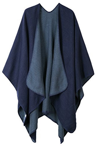 Damen Vintage Farbblocking Schal Wrap Open Front Poncho Übergroße Winterdecke Elegant Cape Coat (Navy Blau, One Size)