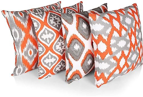 Penguin Home Set of 4 100% Slub Cotton Fabric Cushion Covers 45cm x 45cm Double Sided Square Pillow Covers with Invisible Zipper Pillow Cases for Living Room, Bedroom, Sofa (Orange/White/Grey)