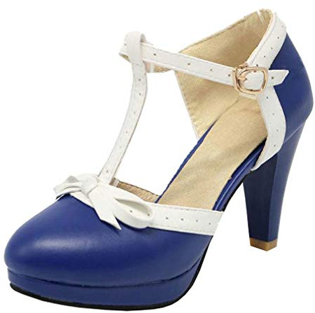 LOVOUO Femme Chaussure Mary Jane Escarpin Rockabilly Vintage Rétro Talon Bloc Lanière Carré Haut Plateforme Chunky avec Noeud Boucle 9CM(Bleu Marine,38)