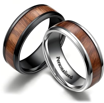 Ihanskio Anillo Personalizado Para Pareja De Anillos De Patrón De Rayas Azules En El Interior Puede Grabar Anillos De Compromiso De Boda De Promesa (Wood-pattern, Custom)