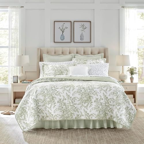 Laura Ashley Reversible Cotton Bedding with Matching Sham, Lightweight Home Decor for All Seasons, Green/White, Twin