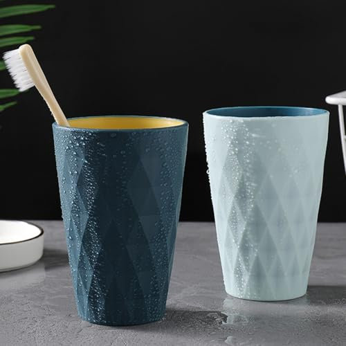 Yemiany Zahnputzbecher, 2 Stück Robuste Sturzsichere Zahnputzbecher Kunststoff, Schlichter Nordischer Stil, Großes Fassungsvermögen, Hochwertiger, Geruchsfreier, Rautenoberfläche Rutschfest Zahnbecher