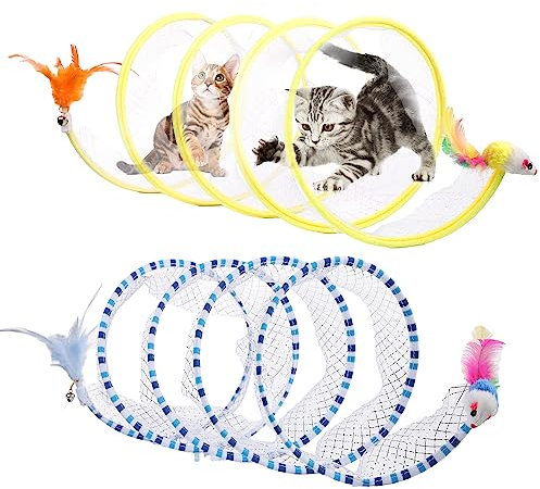 TOYMIS 2stk Katzentunnel, 20cm Mittelgroßer Tragbarer Katzenspielzeug-Spiraltunnel mit Synthetischer Feder und Spielzeugmaus Tunnelfeder im Freien Welpen-Kätzchen-Generikum (Gelb, Gestreift Blau)