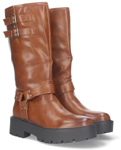 79604 Botas Moteras con Tacon Bajo y Plataforma, Adorno al Tono en el Tobillo y Cana de 30,5cm con 2 Hebillas y Cierre de Cremallera Otono e Invierno Camel Talla 41