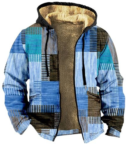 Gefütterte Jacke Herren Kariertes Druck Vintage Winterjacke Warme Sweatjacke Mit Kapuze Dicken Fleece Jacke Kapuzenjacke Mit Reißverschluss Oversized Hoodie Basic Übergangsjacke Outdoor Jacke