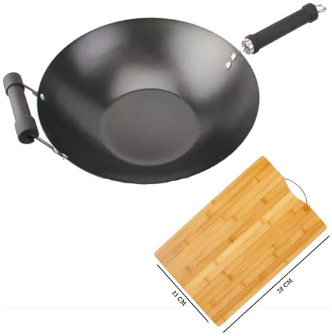 STAR AST Carbon Steel Wok, 27cm, Excellence, Induction Hobs Suitable/Metal Tool Safe/Phenolic Handle, Includes 1 x Chinese Wok Pan + 1 x Chopping Board