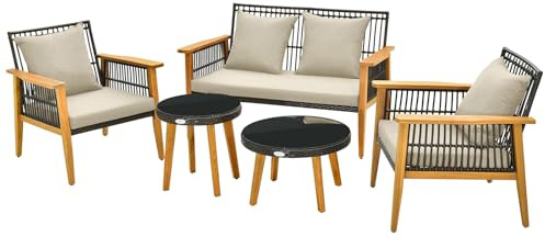 LIFEZEAL Set salotto da giardino esterno in rattan PE, divano a 2 posti, 2 poltrone, 2 tavolini, mobili da terrazza, 3 cuscini e 4 cuscini, metallo e legno Acacia, carico di 360/180/45 kg