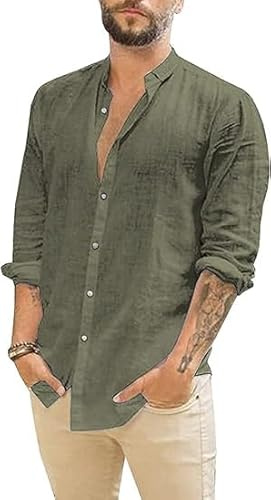Runcati Camicia da uomo in lino, a maniche lunghe, estiva, da spiaggia, casual, vestibilità normale, per il tempo libero, verde, XXL
