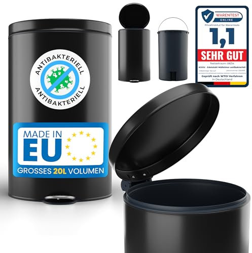 kogu ® 20l Edelstahl Mülleimer im stilvollem Schwarz mit getesteter antibakterieller Beschichtung, Absenkautomatik und easy Entleerungsfunktion für Büro, Küche, Bad, Gastronomie und Praxis.