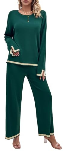 Verde,L,Conjuntos de Ropa de Estar por casa de Punto para Mujer, Elegantes Jerseys de Manga Larga, Conjuntos de suéter, Conjuntos de Pijamas, chándal, Pantalones de Pierna