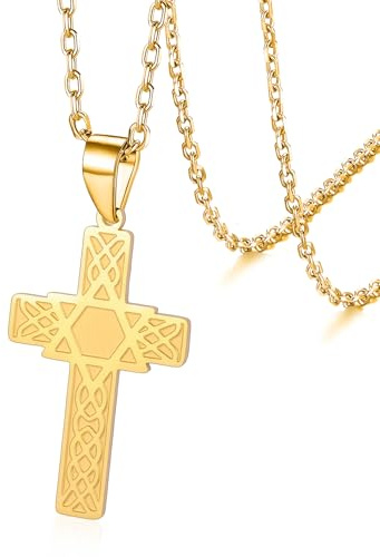 VASSAGO Collana con Ciondolo a Croce con Stella di David da Uomo Ciondolo con Croce a Croce con esagono Religioso ebraico Cristiano Protezione Gioielli Regali (d'oro Collana Croce Stella di David)
