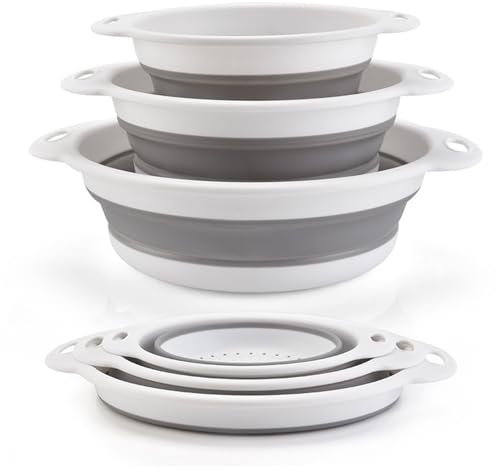 Surwin 3pc Colador de Cocina, Cocina Plegable Colador de Silicona, Colador de Silicona de Portátil, Escurridor Pasta para Frutas Verduras (Blanco)