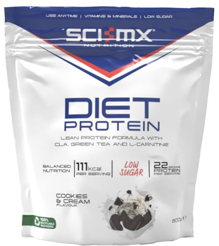 SCI-MX Diet Whey Protein Powder - Protein Shake + Vitamins & Green Tea, CLA & L-Carnitine - Cookies & Cream • Low Sugar • 22g Protein + 111 Calories per Serving • 800g
