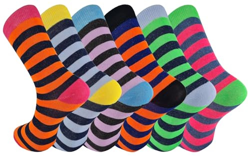 Mens Stripe Socks Rich Cotton Bright & Colourful Design Striped Sock Crew Length One Size Adults UK 6-11 - 6 Pairs