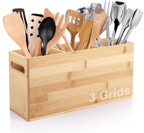 ZOFUN Bamboo Utensil Holder, 33.5 x 11 x 16 cm Cutlery Holders with Oil Coating, 3 Grids Kitchen Utensils Holder, Anti-slip Utensils Holder for Cooking Tools Set, Counter Organization