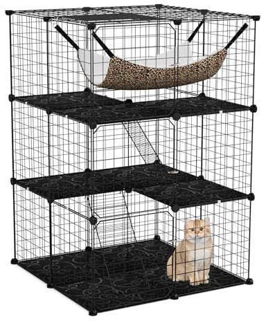 GYMAX Casa Gabbia per Gatti a più Livelli, in Metallo, Recinto per Gatti con Amaca Rimovibile, Porta, Scale, Parco in Metallo per Animali Domestici per Conigli e Cuccioli (74 x 74 x 107 cm)