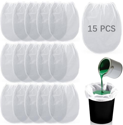 15 Pcs Paint Strainer Bags 5 Gallon, Bucket Paint Filters Strainer 5 Gal with Stretchable Elastic Top Opening paint Screen for 5 Gallon Bucket Nylon White Fine Mesh Bag for Gardening, Plant Protection