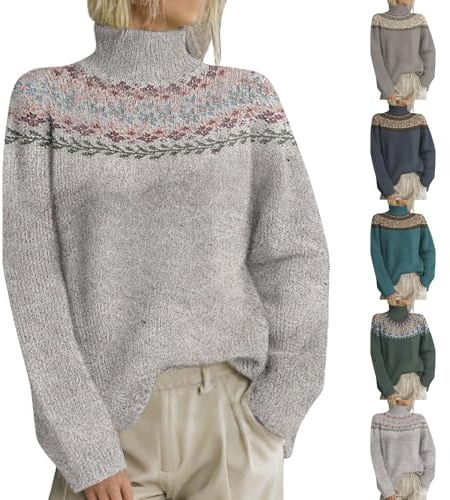 HUIFUAO - Jersey de cuello alto para mujer, talla grande, cuello alto, nórdico, islandés, noruego, suéteres vintage de Navidad, suéteres cálidos de invierno, gruesos, de punto, suaves, de manga larga