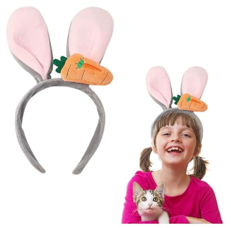 VYNZOR Diadema de Conejo Gris con Decoración de Zanahoria - Accesorio de Orejas de Bunny para Mujer y Niñas - Diseño Encantador para Fiestas, Carnaval y Looks Kawaii